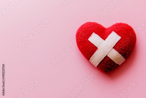 Red heart with bandages on a pink background