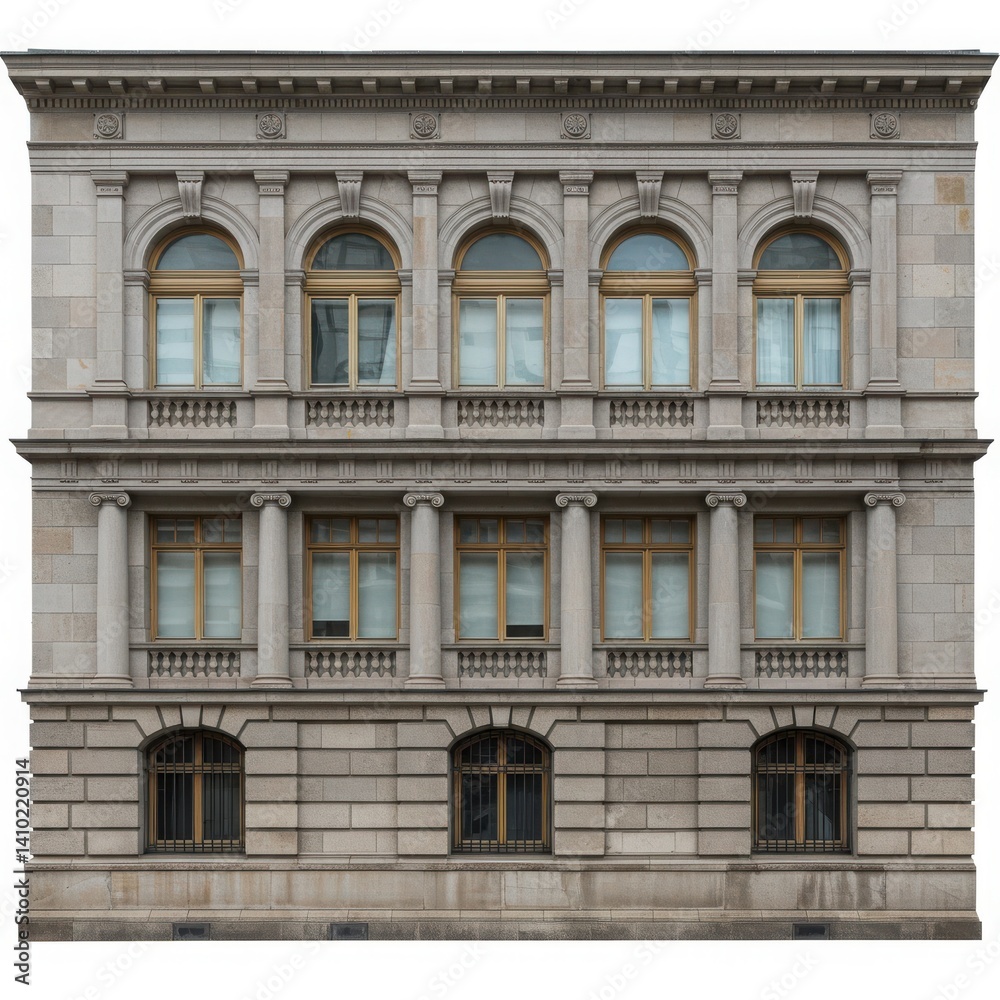 Facade of a classical building with arched windows and stone columns in symmetrical arrangement Facade of a classical building with arched windows and stone columns in symmetrical arrangement