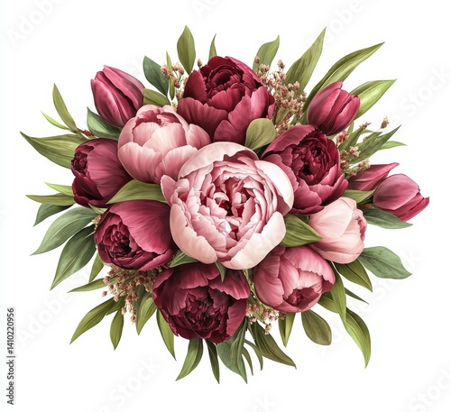Delicate floral bouquet of tulips and peonies. Lush, vibrant blooms in shades of burgundy and blush pink, arranged with soft greenery photo