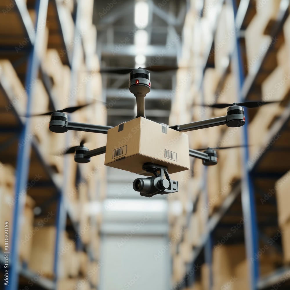 Obraz premium Drone delivery system in a warehouse environment.