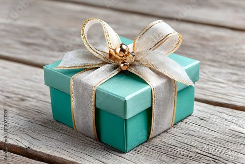 Teal gift box with cream ribbon and gold accents on wood