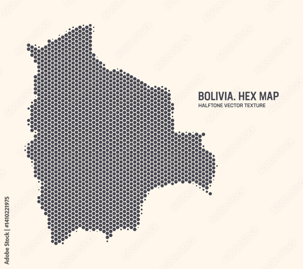 Bolivia map vector hexagonal half tone pattern isolate on light background. Hex texture in the form of a map of Bolivia. Modern technological contour map of Bolivia for design or business projects Bolivia map vector hexagonal half tone pattern isolate on light background. Hex texture in the form of a map of Bolivia. Modern technological contour map of Bolivia for design or business projects