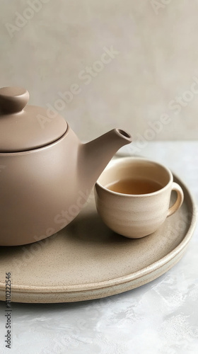 Minimalist tea set with ceramic teapot and cup.