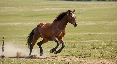 Brown Horse Galloping Across Lush Green Fields in Bright Sunlight