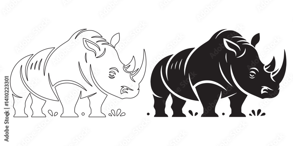 Obraz premium Vector outline of a rhinoceros – elegant design for safari tours and nature labels – rhino silhouette – rhino vector – rhino illustration – rhino outline – rhino icon – rhino line art