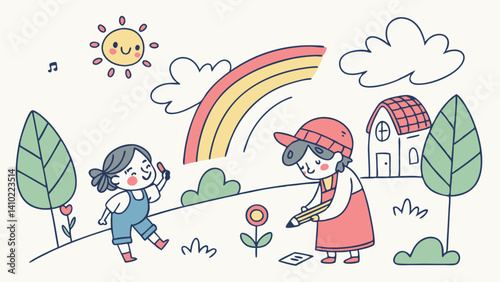 kindergarten or elementary school level drawing. Vector graphic set, cute 