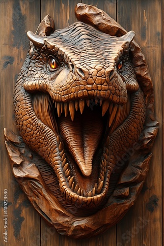 Wood Carving of T-Rex Head on Wall