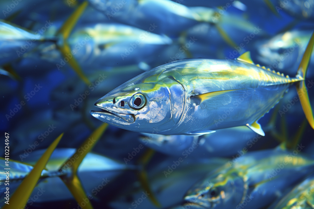 Fototapeta premium Close-up of yellowfin tuna swimming in school underwater in blue ocean environment