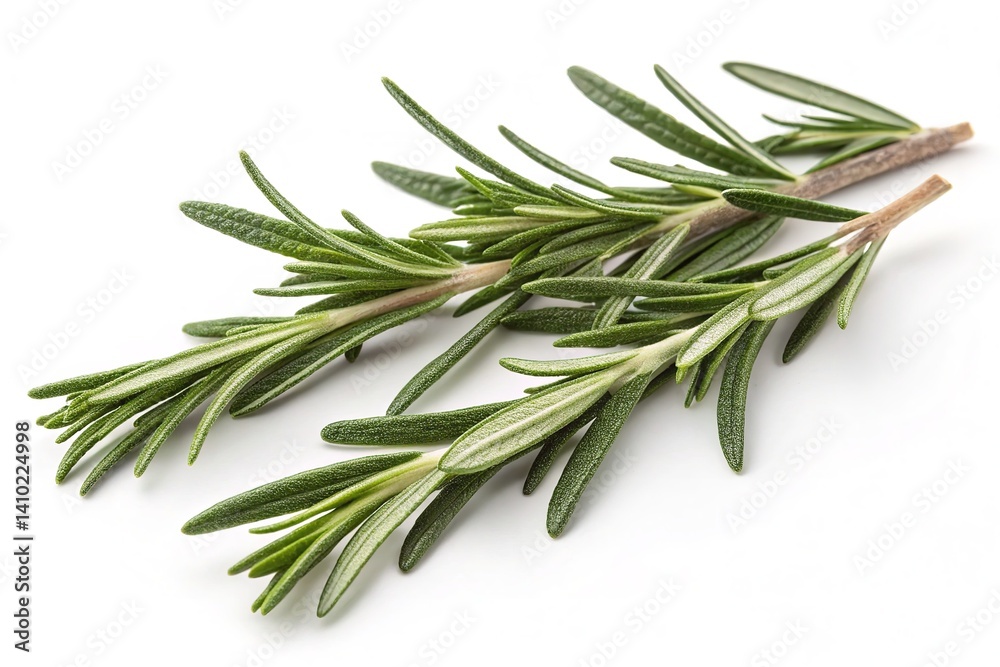 Fototapeta premium Close-up of fresh rosemary sprigs, showcasing the herb's vibrant green leaves against white.