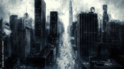 gritty noir cityscape with towering skyscrapers and shadowy street misty cold sin city charcoal digital painting