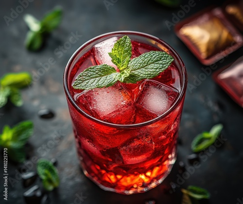 Wallpaper Mural Refreshing Red Drink with Ice and Mint Leaves in a Textured Glass Against a Dark Background Perfect for Culinary and Beverage Themes Torontodigital.ca