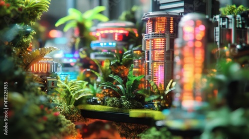 Featuring a biopunk megapolis complete with vibrant neon lights and lush greenery, enhanced by a tilt-shift effect, the diorama depicts a futuristic megapolis