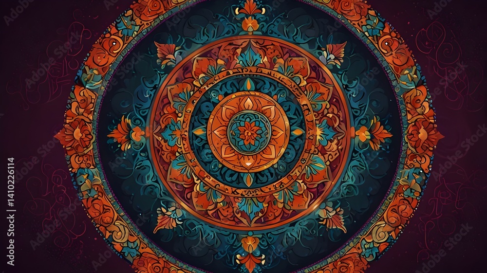 Fototapeta premium Buddhist Mandala Abstract with Sacred Geometry, Vibrant Floral Patterns, and Zen Symbols in Colorful Vector Background for Mindfulness, Meditation, and Spiritual Energy Concepts