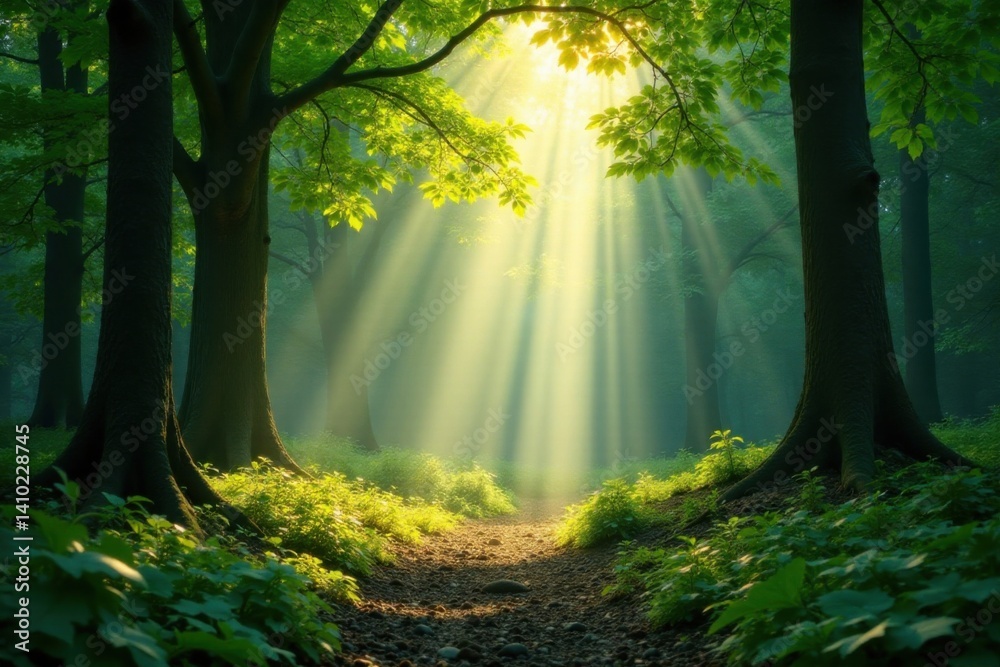 Obraz premium Sunbeams filter through leafy canopies in a lush forest, sunlight, rays, greenery