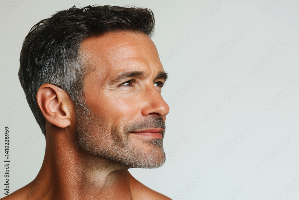 Obraz premium Portrait of an attractive mature man with gray hair and a cheerful expression, highlighting beauty, aging, style, and self-confidence in a close-up setting.