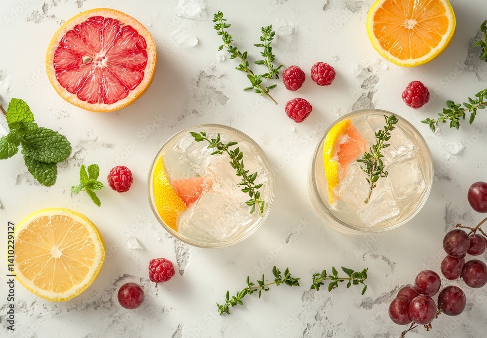 Refreshing Summer Cocktails with Citrus and Berries Surrounded by Fresh Herbs for a Vibrant and Colorful Bar Scene Refreshing Summer Cocktails with Citrus and Berries Surrounded by Fresh Herbs for a Vibrant and Colorful Bar Scene
