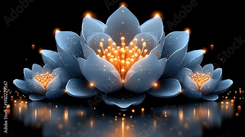 Three luminous blue lotus flowers glow with golden centers