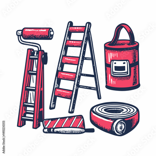 Hand drawn DIY home renovation tools collage. Vintage style. Vector illustration.