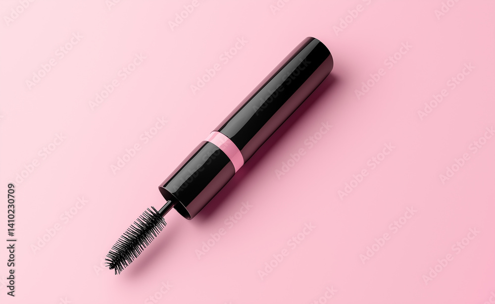 Black mascara wand standing upright against a soft pink background in a minimalistic composition.
Black mascara wand standing upright against a soft pink background in a minimalistic composition.