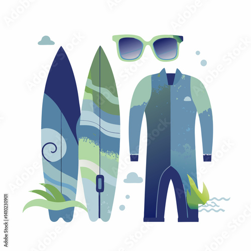 Surfing attributes. Flat image isolated on white background. Vector illustration.