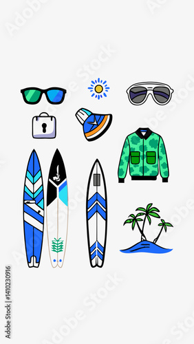 Surfing attribute minimalistic images. Flat isolated icons. Vector illustration.