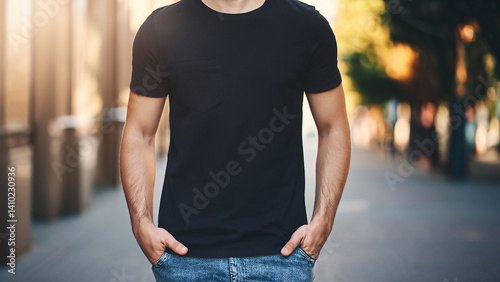 Black T-shirt Mockup on Man Outdoors – Urban Street Style
