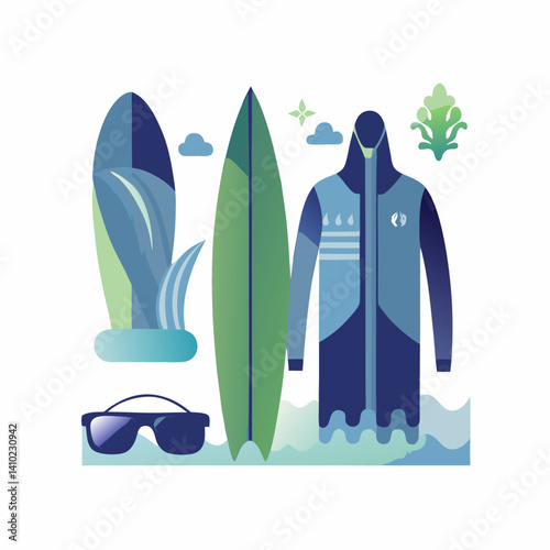 Surfing attributes. Flat image isolated on white background. Vector illustration.