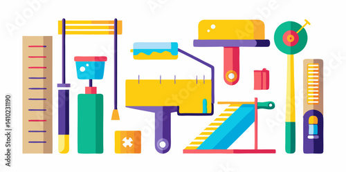 Set of different DIY home renovation tools 3d icons. Colorful isometric icons isolated on white background. Vector illustration.