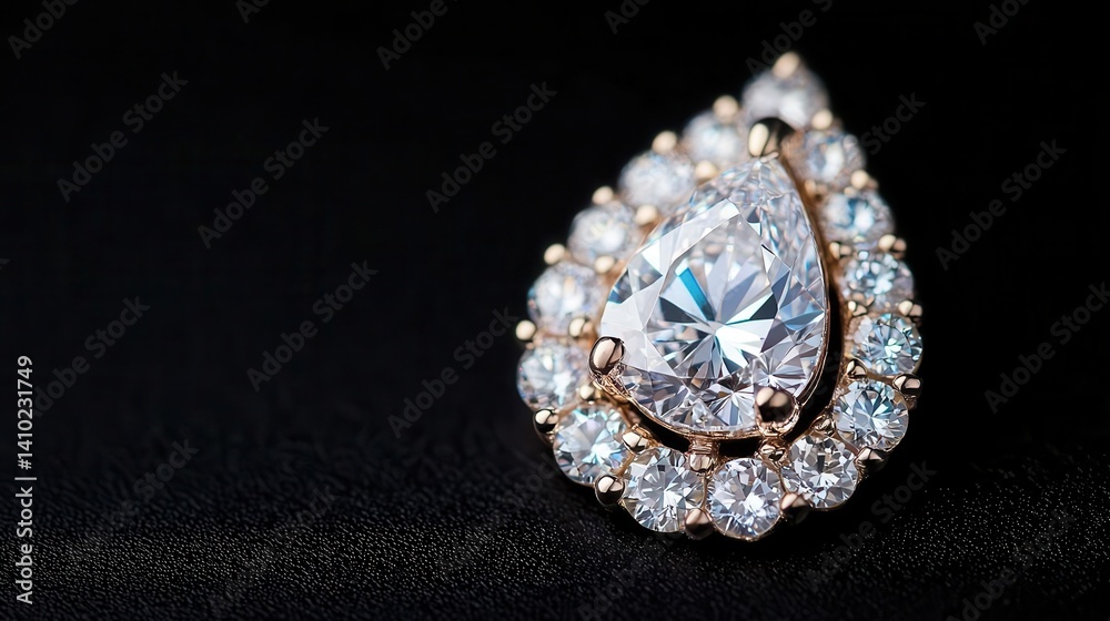 Artistic diamond brooch with a teardrop halo design and radiant diamonds, isolated on a polished black surface Artistic diamond brooch with a teardrop halo design and radiant diamonds, isolated on a polished black surface