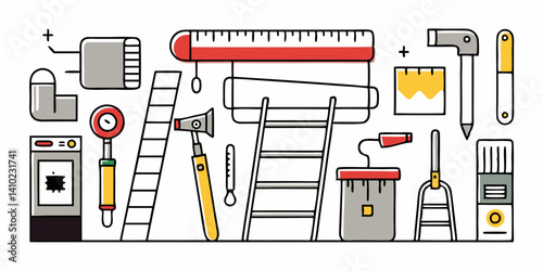 Set of different DIY home renovation tools icons. Flat line icons isolated on white background. Vector illustration.