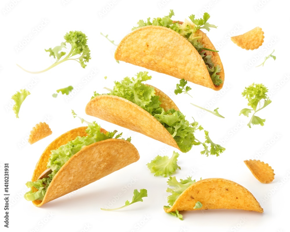 flying taco shells with floating shredded lettuce on white flying taco shells with floating shredded lettuce on white