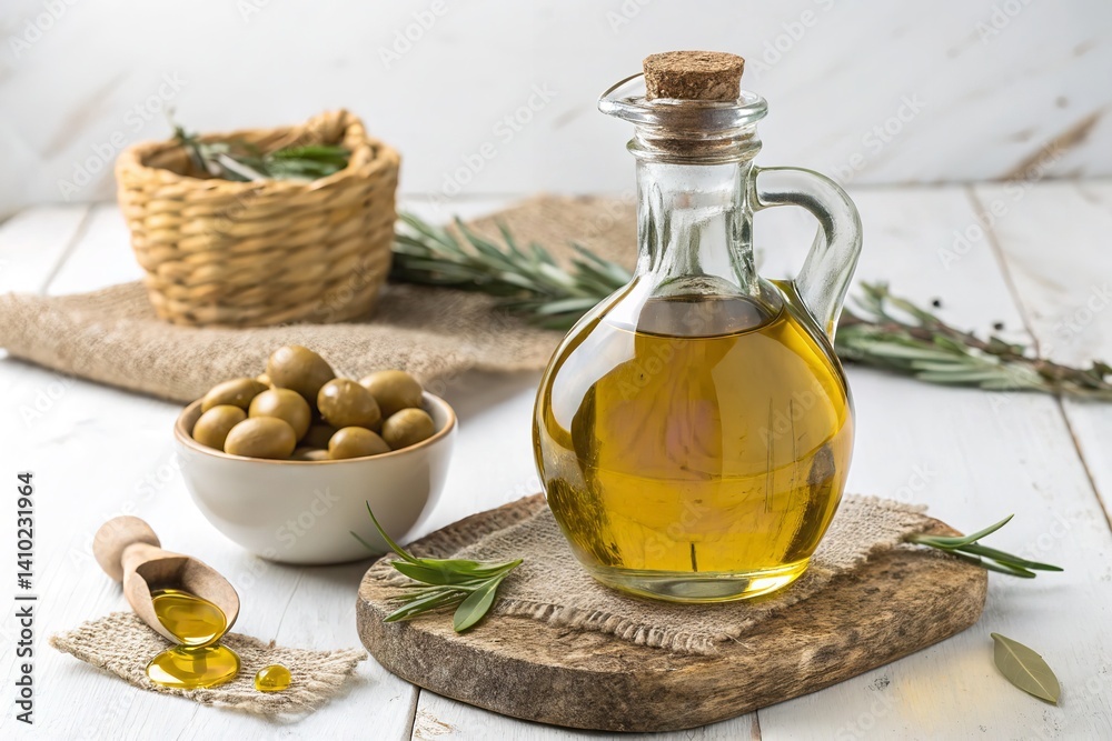 A vibrant composition showcasing olive oil, olives, and aromatic herbs in a rustic setting. A vibrant composition showcasing olive oil, olives, and aromatic herbs in a rustic setting.