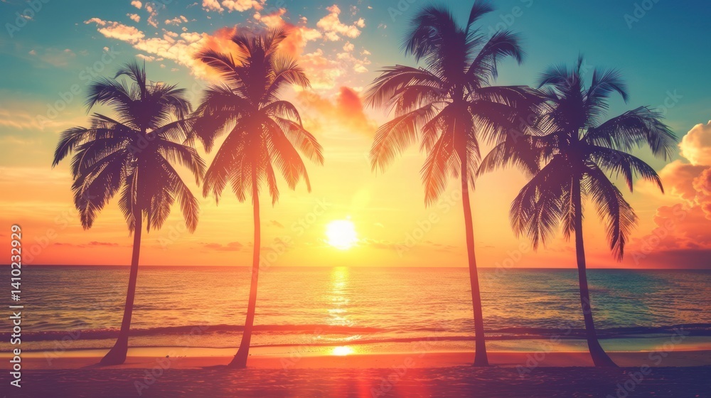 A beautiful sunset over the ocean with palm trees in the background A beautiful sunset over the ocean with palm trees in the background