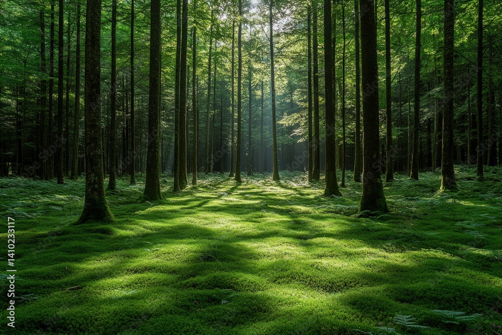 Obraz premium Forest with tall trees green moss and sunlight shining through the canopy.