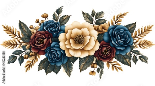 Elegant Floral Arrangement in Deep Blue Burgundy and Gold