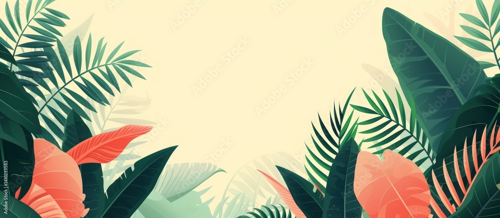 Naklejka premium Illustration tropical plants leaves hand drawn flat style with copy space background. Generated AI