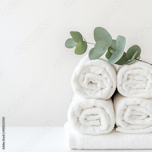 Fluffy white towels rolled with eucalyptus leaves spa bathroom decor stock photo and image free download