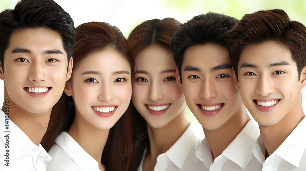 Group of Five Young Friends Smiling in Bright Natural Light Group of Five Young Friends Smiling in Bright Natural Light