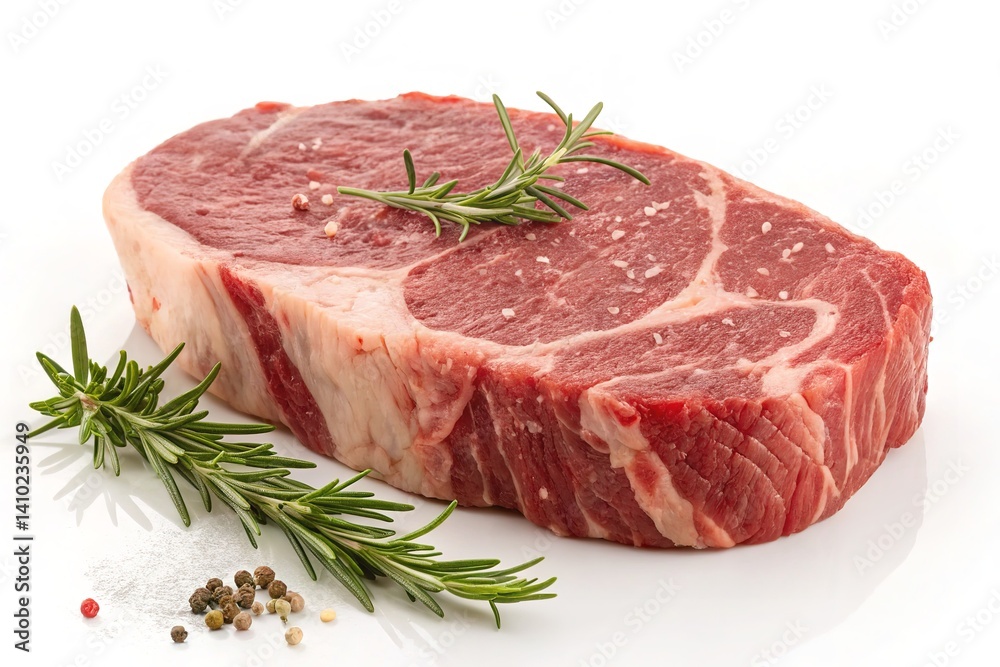 A thick, raw ribeye steak with rosemary and peppercorns, ready for a delicious meal. A thick, raw ribeye steak with rosemary and peppercorns, ready for a delicious meal.