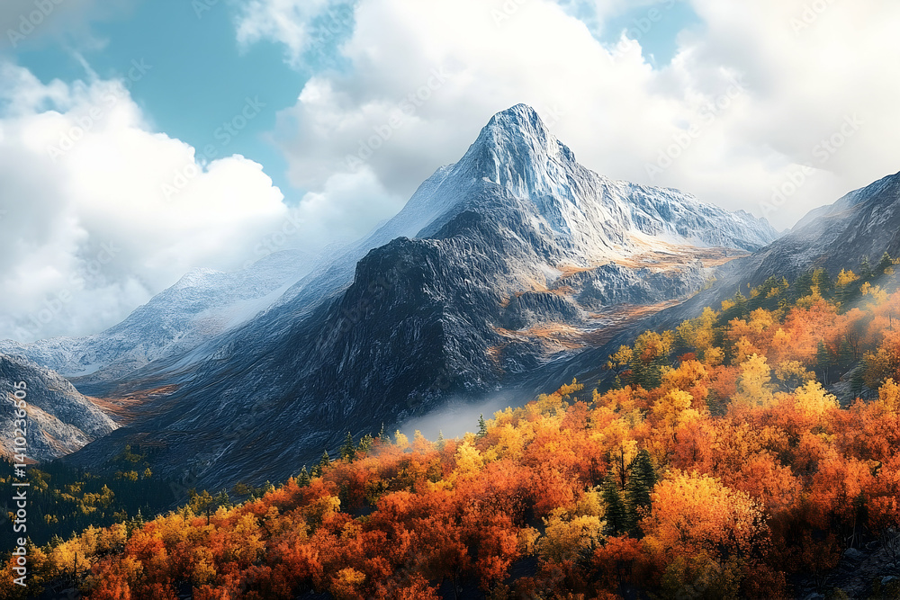 Majestic mountain peak, shrouded in autumnal foliage. Majestic mountain peak, shrouded in autumnal foliage.