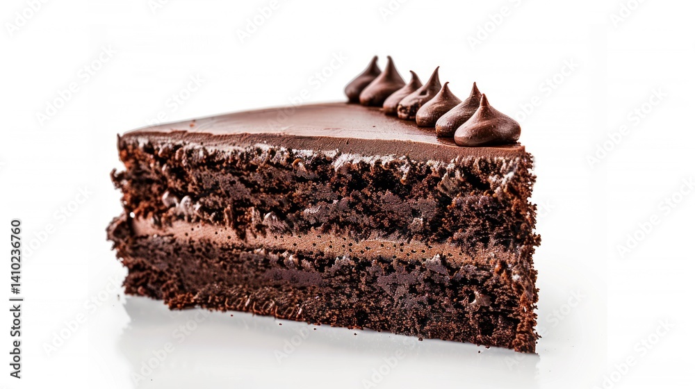 Obraz premium Delicious slice of sweet dark brown chocolate cake with slices strawberry fruit
