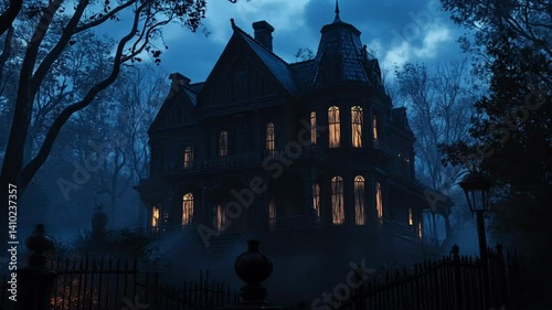 Haunted Mansion: Spooky scene of a grand old house with dimly lit windows shrouded in mystery, evoking a sense of unease and supernatural intrigue.