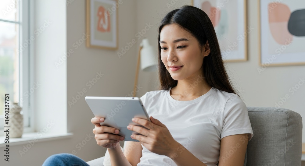 Woman Relaxing with Tablet at Home - Peaceful woman using tablet, home comfort, technology, relaxation, connection. Symbolizing serenity, modern life, ease, communication, and contentment Woman Relaxing with Tablet at Home - Peaceful woman using tablet, home comfort, technology, relaxation, connection. Symbolizing serenity, modern life, ease, communication, and contentment