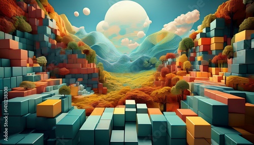 A world made of cubes forming a natural landscape