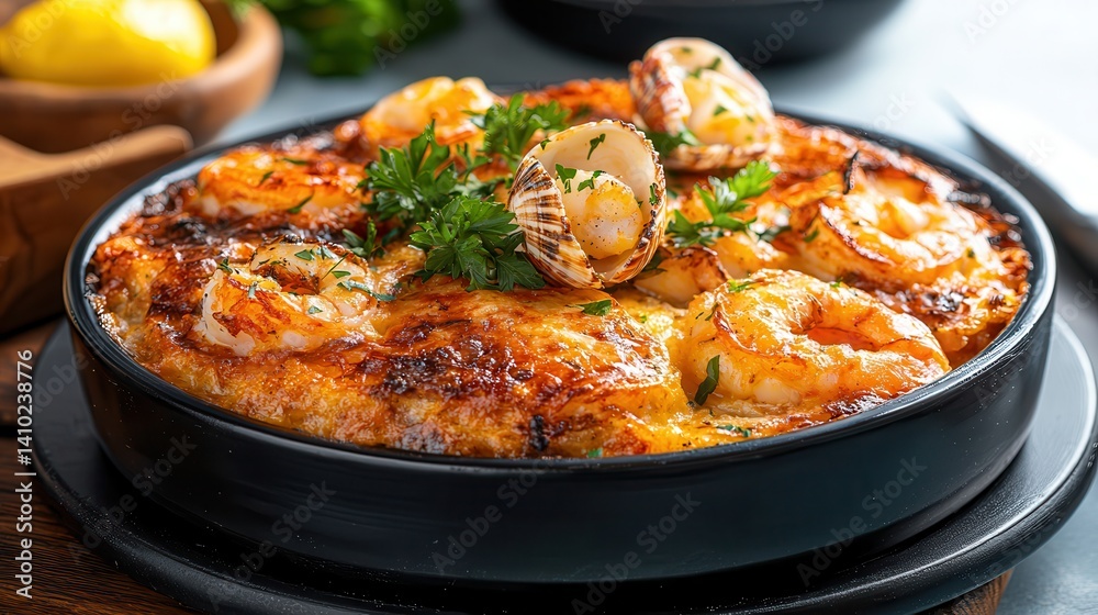seafood gratin Delicious seafood dish served in a black skillet with herbs. seafood gratin Delicious seafood dish served in a black skillet with herbs.