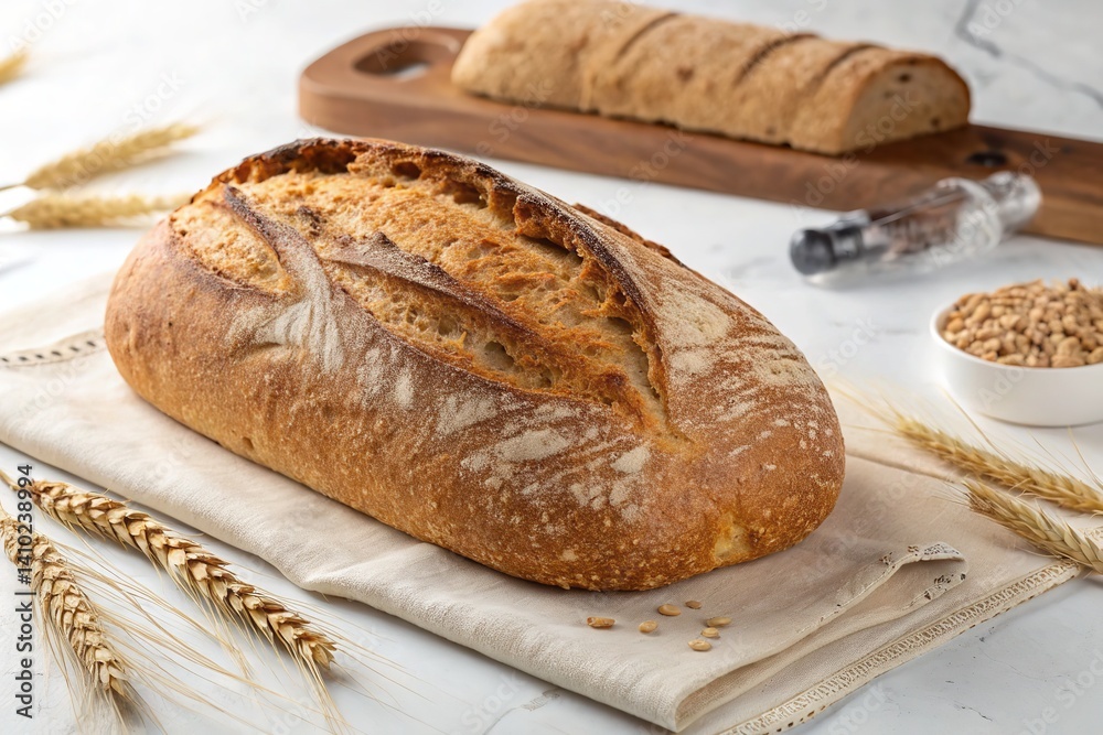 A loaf of fresh sourdough bread on a cloth, wheat, and additional bread in the background. A loaf of fresh sourdough bread on a cloth, wheat, and additional bread in the background.
