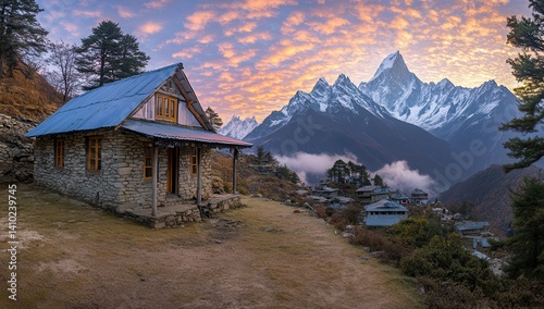 Rustic mountain hut at dawn, nestled in a Himalayan village photo