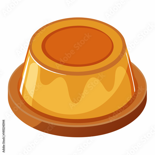 Pancake drizzled with caramel sauce, placed on a white background, highlighting its texture and glossy topping.