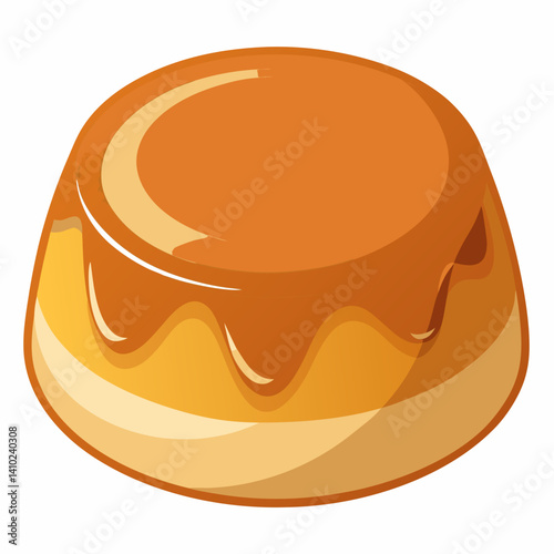 Pancake drizzled with caramel sauce, placed on a white background, highlighting its texture and glossy topping.