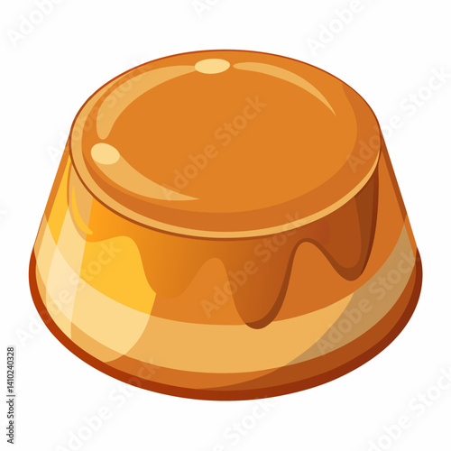 Pancake drizzled with caramel sauce, placed on a white background, highlighting its texture and glossy topping.